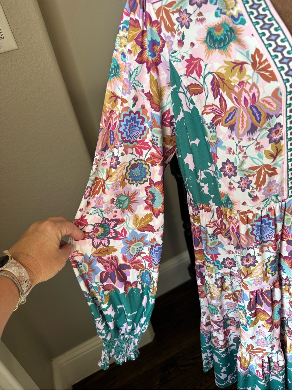 Hale Bob NWOT Floral Tiered Jersey Mini Dress Multicolor Boho Long Sleeve L - Picture 5 of 13